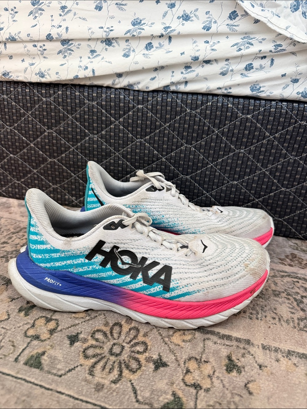 Hoka Women's White Running Shoes with Teal & Pink Accents
